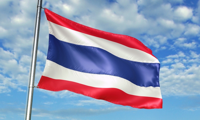 Thailand flag on flagpole waving cloudy sky background realistic 3d illustration