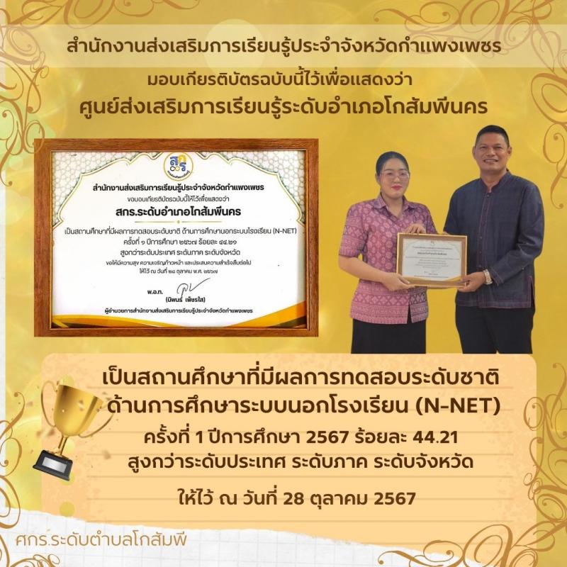 1. เกียรติบัตรสถานศึกษาที่มีผลการทดสอบระดับชาติสูงกว่าระดับประเทศ ระดับภาค ระดับจังหวัด ร้อยละ 44.21