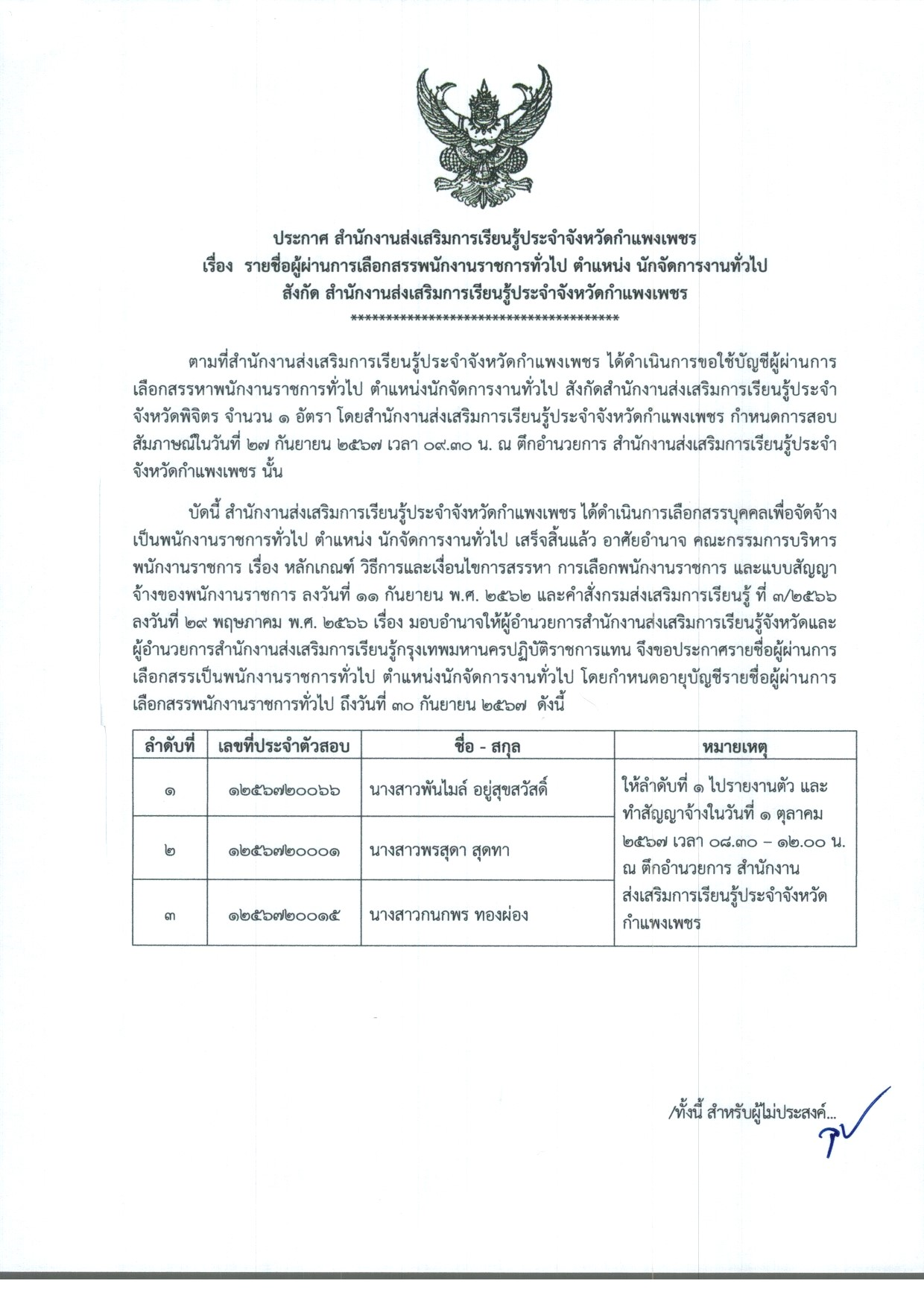 ประกาศ สำนักงานส่งเสริมการเรียนรู้ประจำจังหวัดกำแพงเพชร เรื่อง รายชื่อผู้ผ่านการคัดเลือกเป็นพนักงานราชการ