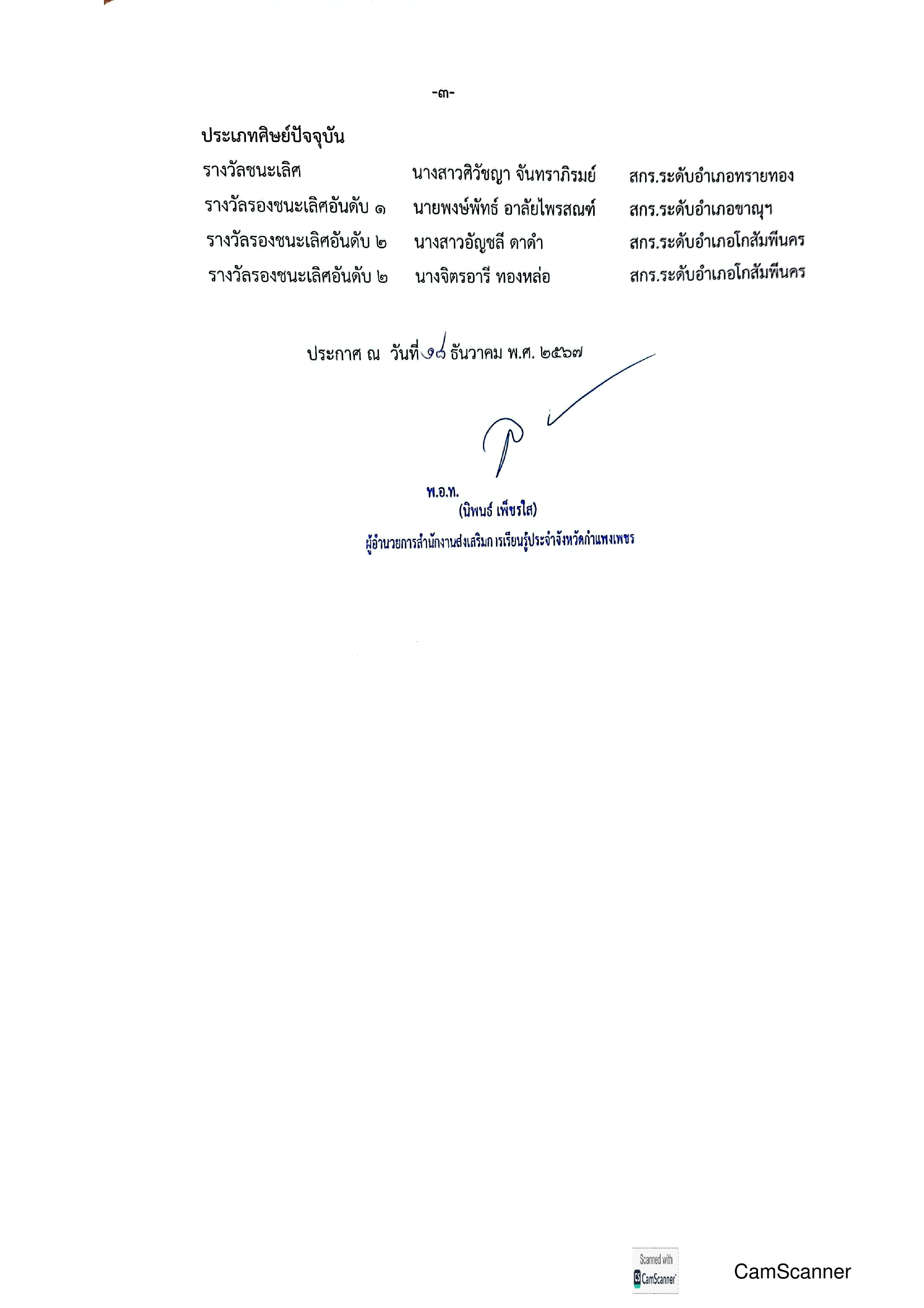 ประกาศสำนักงานส่งเสริมการเรียนรู้ประจำจังหวัดกำแพงเพชร เรื่อง ผลการคัดเลือกการปฏิบัติงานฯ