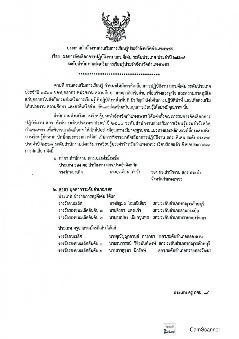 1. ประกาศสำนักงานส่งเสริมการเรียนรู้ประจำจังหวัดกำแพงเพชร เรื่อง ผลการคัดเลือกการปฏิบัติงานฯ